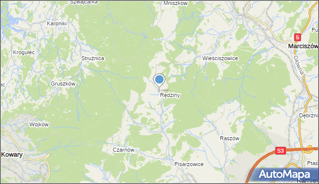mapa Rędziny, Rędziny gmina Kamienna Góra na mapie Targeo